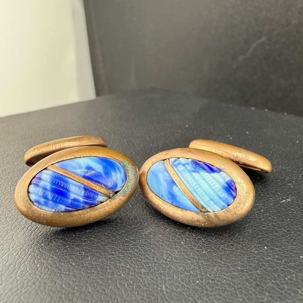 Vintage Estate Cufflinks Blue Carved Stone Gold Tone Oval Whale Back